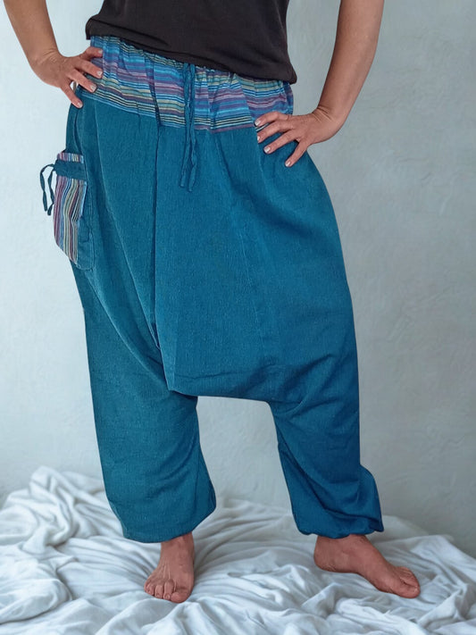 Two-Tone Blue Cotton Harem Pants – Bold Boho Comfort
