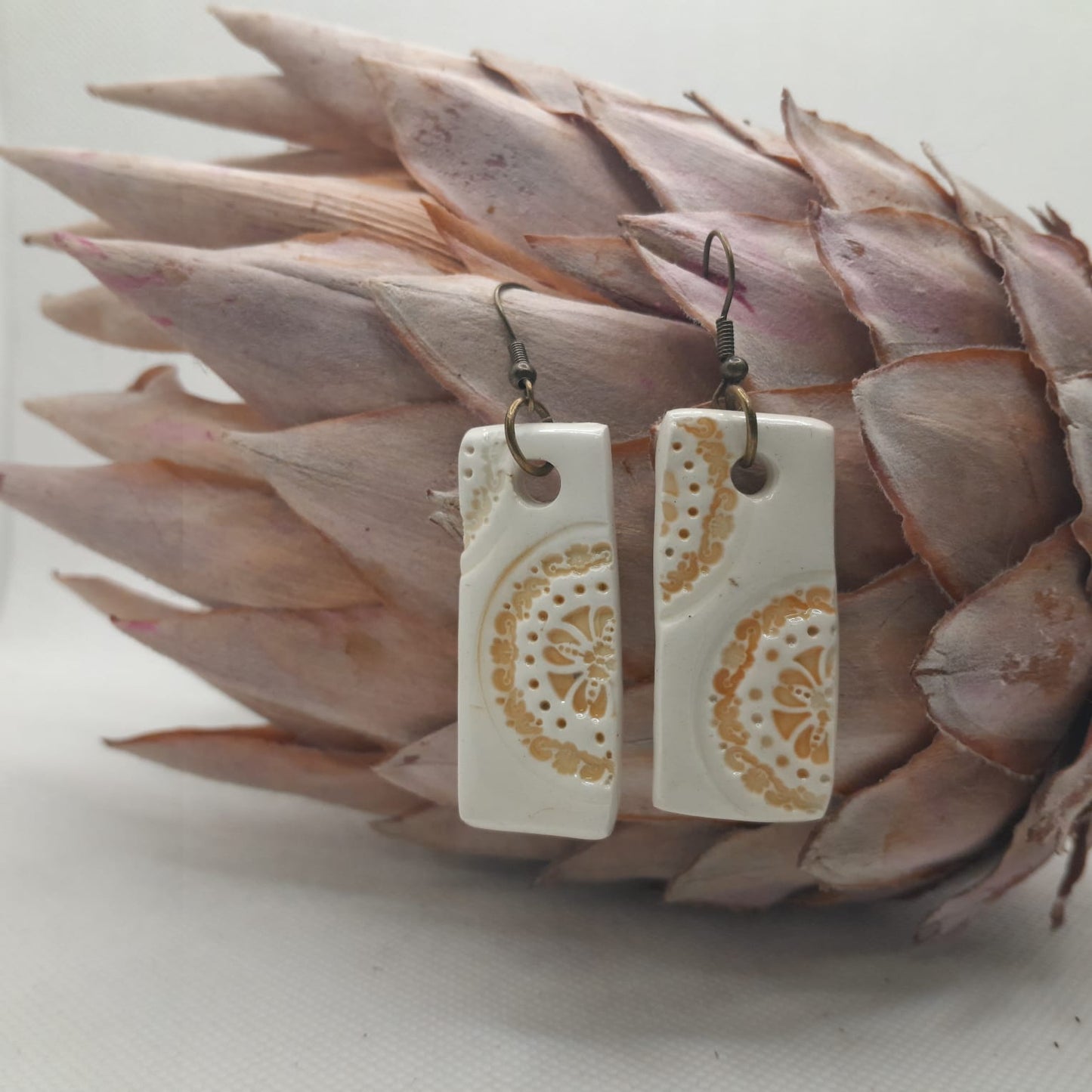 Etched Ceramic Earrings – Honey Clay Bloom