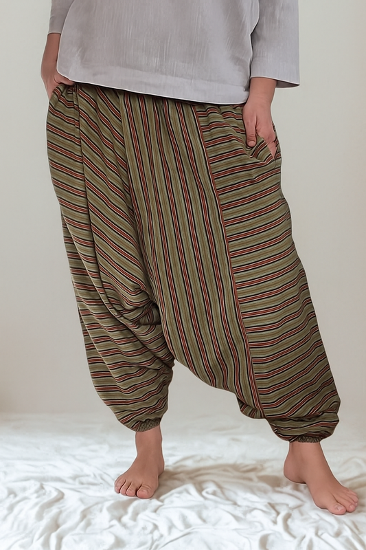 Olive Stripe Cotton Harem Pants – Earth Rhythm (One Size Fits Most)